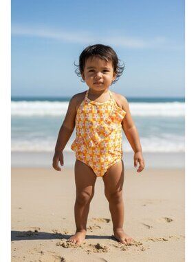 Tucker + Tate Girls Swimsuit Size 4 Orange Yellow Floral One Piece Ruffle Toddle